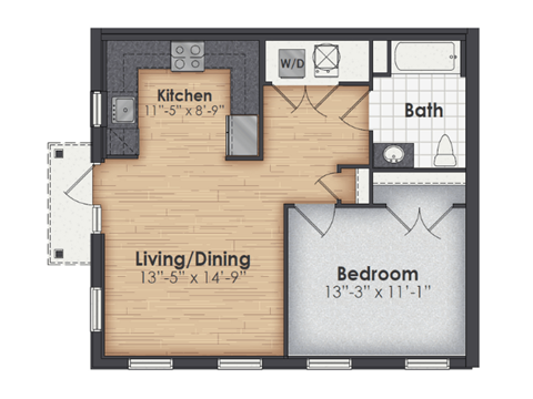 Floor plan for 1 bed, 1 bath, 708 sqft